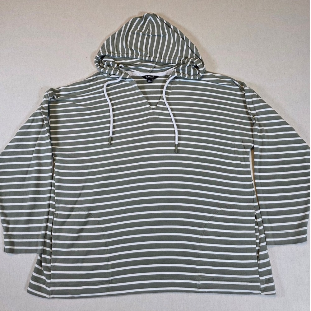 Buffalo David Bitton Women XL Green Striped Hoodie Pullover V-Neck‎ Relaxed Fit